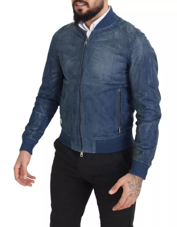 Dolce & Gabbana Blue Leather Perforated Full Zip Jacket IT46 / S