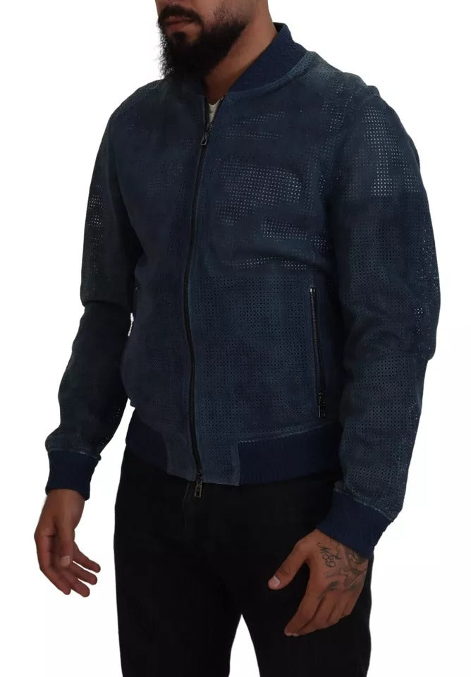 Dolce & Gabbana Blue Leather Perforated Full Zip Jacket IT50 / L