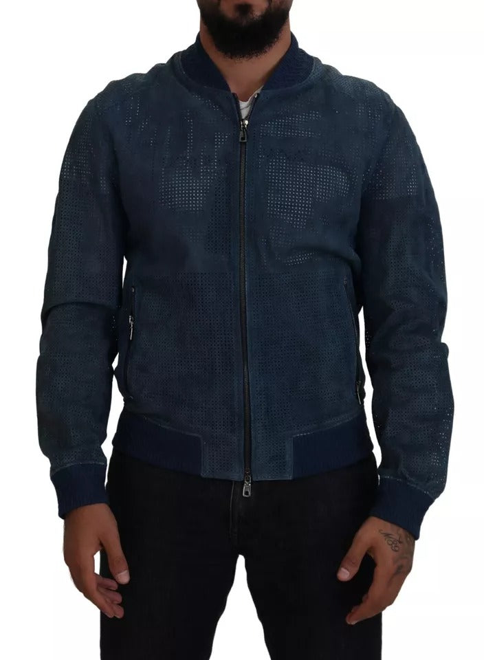 Dolce & Gabbana Blue Leather Perforated Full Zip Jacket IT50 / L