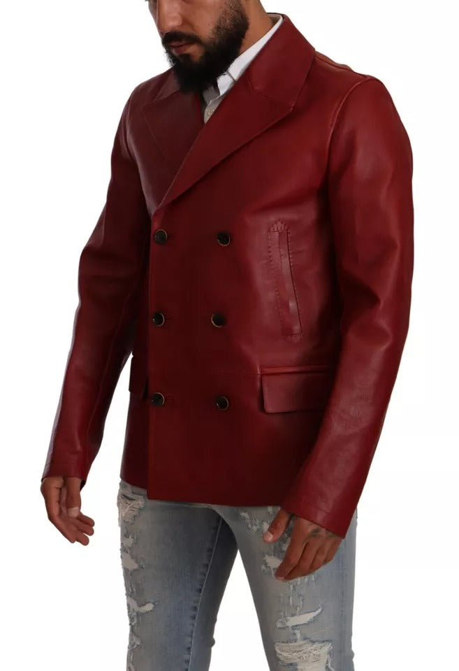 Dolce & Gabbana Red Double Breasted Leather Coat Jacket IT48 / M