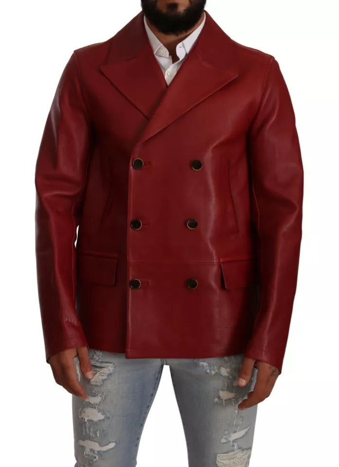 Dolce & Gabbana Red Double Breasted Leather Coat Jacket IT48 / M