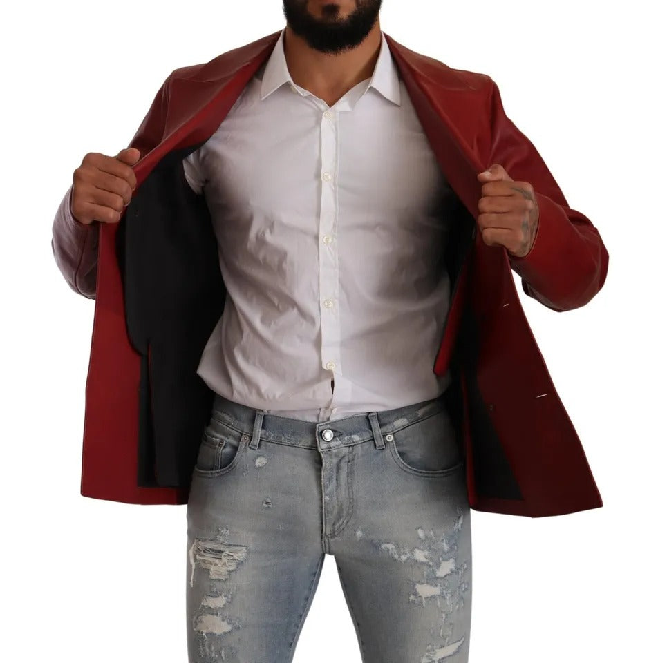 Dolce & Gabbana Red Double Breasted Leather Coat Jacket IT48 / M