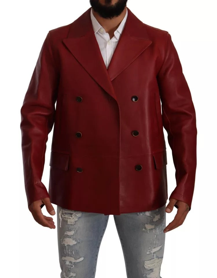 Dolce & Gabbana Red Double Breasted Leather Coat Jacket IT48 / M