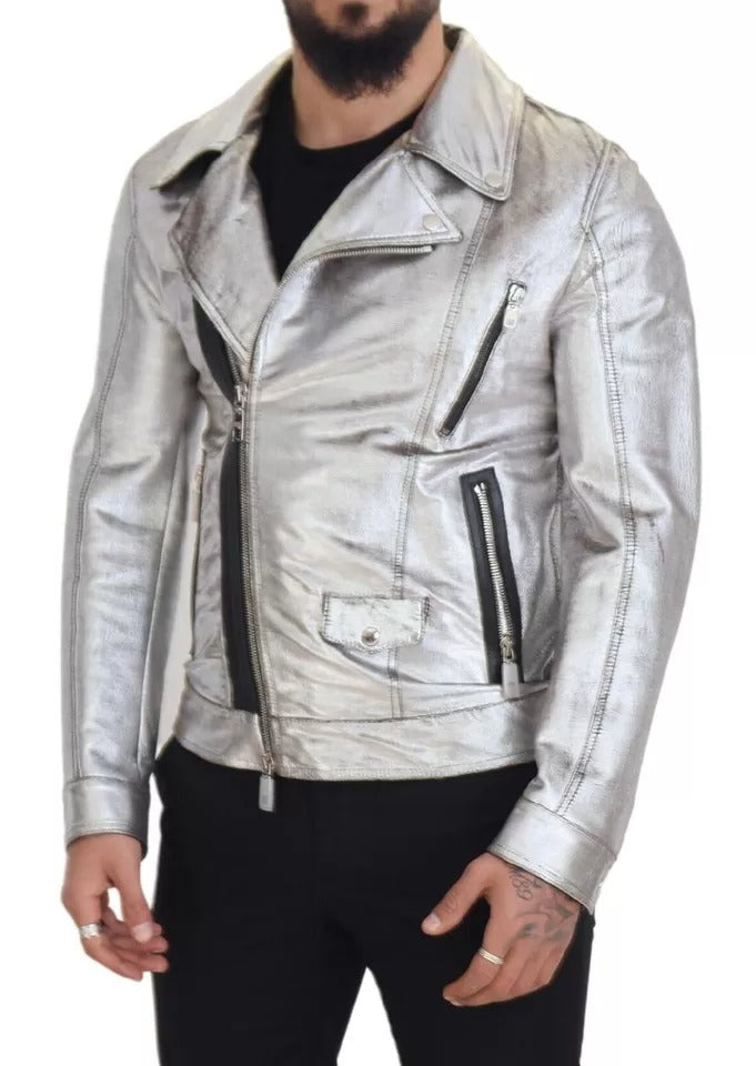 Dolce & Gabbana Silver Leather Biker Coat Lambskin Jacket IT48 / M