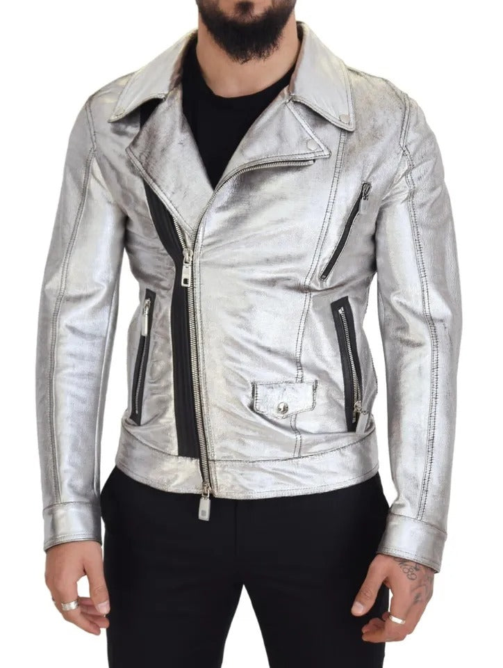 Dolce & Gabbana Silver Leather Biker Coat Lambskin Jacket IT48 / M