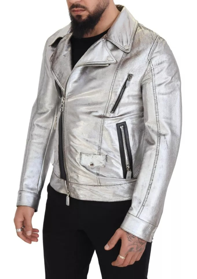 Dolce & Gabbana Silver Leather Biker Coat Lambskin Jacket IT48 / M