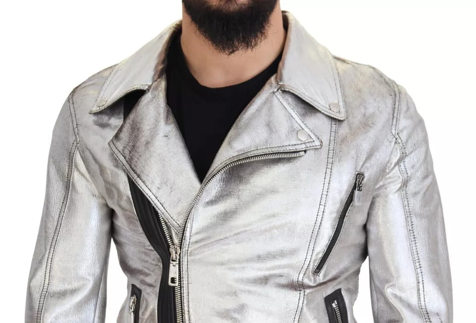 Dolce & Gabbana Silver Leather Biker Coat Lambskin Jacket IT48 / M