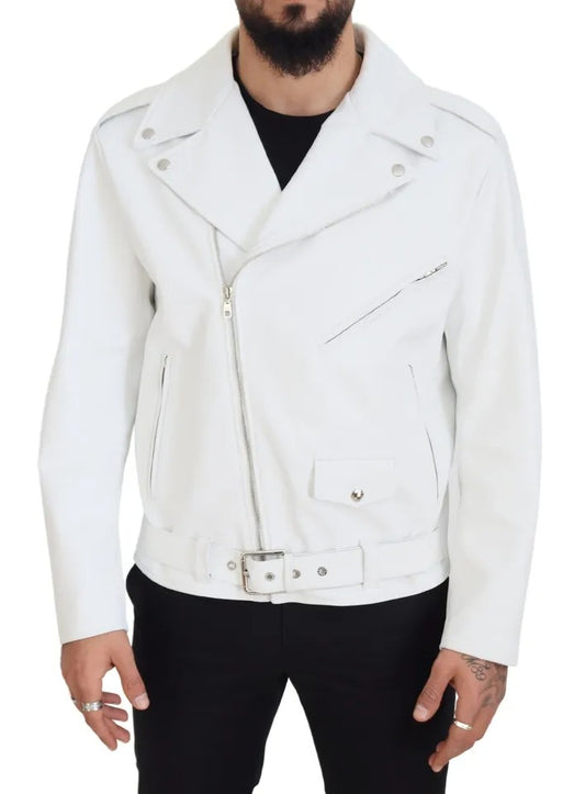 Dolce & Gabbana White Leather Biker Coat Zipper Jacket IT46 / S