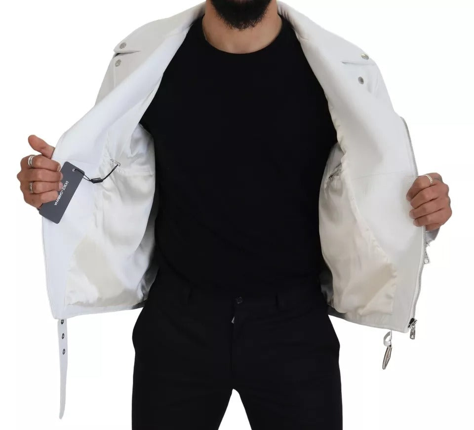 Dolce & Gabbana White Leather Biker Coat Zipper Jacket IT46 / S