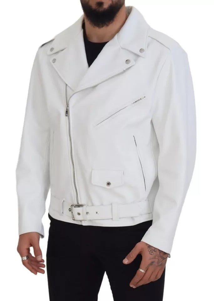 Dolce & Gabbana White Leather Biker Coat Zipper Jacket IT46 / S