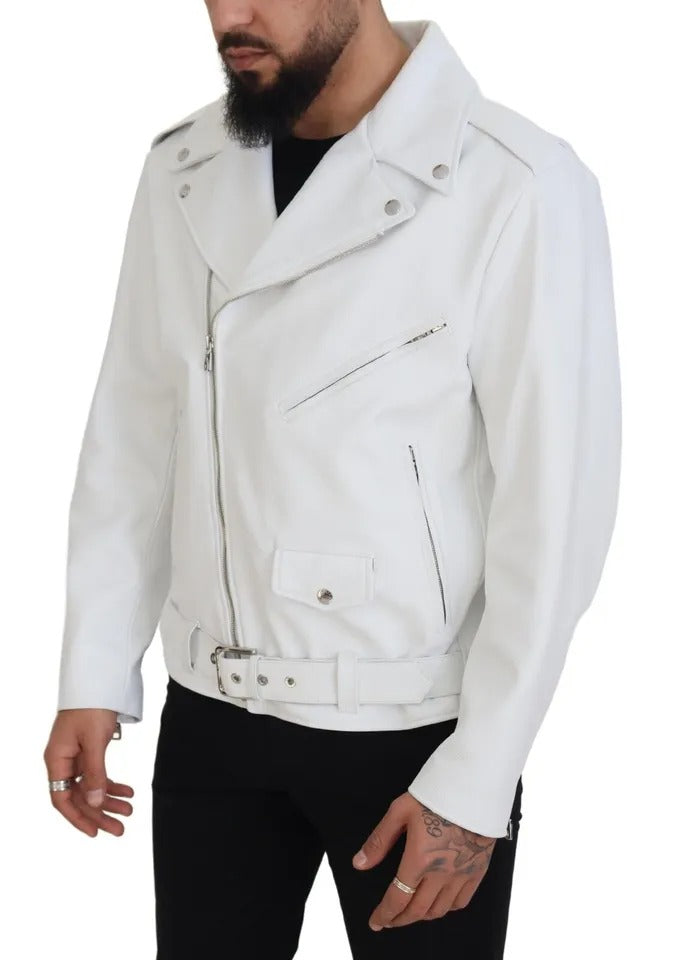 Dolce & Gabbana White Leather Biker Coat Zipper Jacket IT46 / S