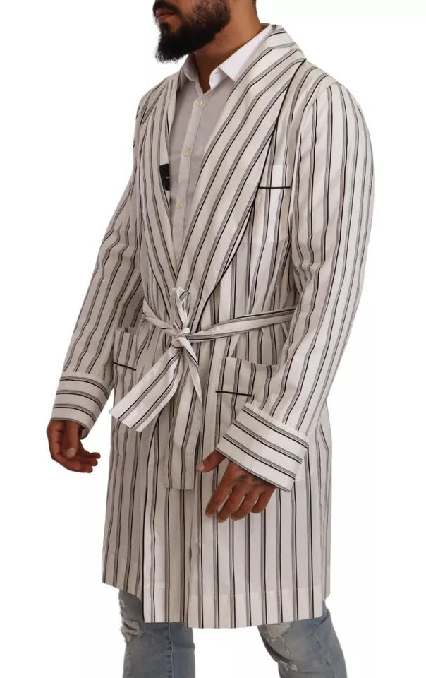 Dolce & Gabbana White Striped Cotton Robe Coat Wrap  Jacket IT48 / M