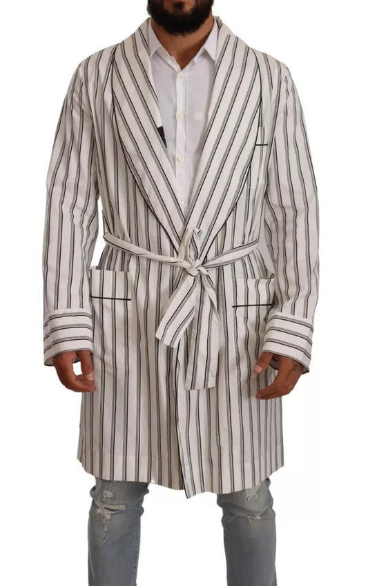 Dolce & Gabbana White Striped Cotton Robe Coat Wrap  Jacket IT48 / M