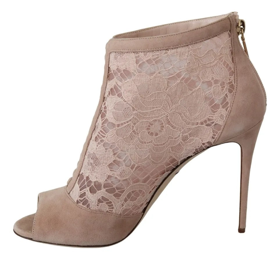 Dolce & Gabbana Beige Lace Suede Peep Toe Ankle Boots Shoes EU40 / US9.5