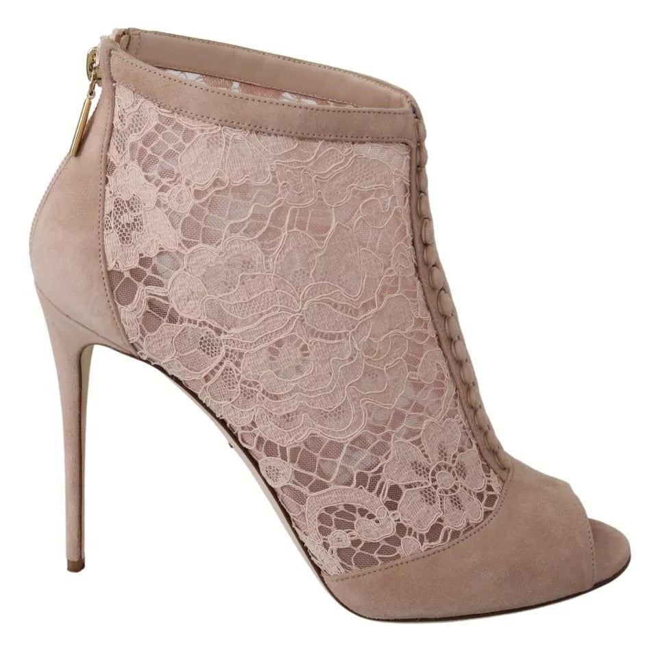 Dolce & Gabbana Beige Lace Suede Peep Toe Ankle Boots Shoes EU40 / US9.5