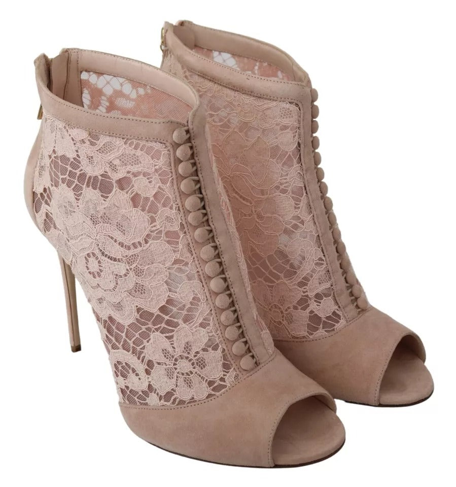 Dolce & Gabbana Beige Lace Suede Peep Toe Ankle Boots Shoes EU40 / US9.5