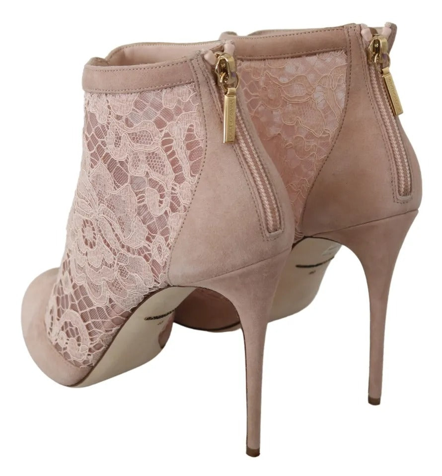 Dolce & Gabbana Beige Lace Suede Peep Toe Ankle Boots Shoes EU40 / US9.5