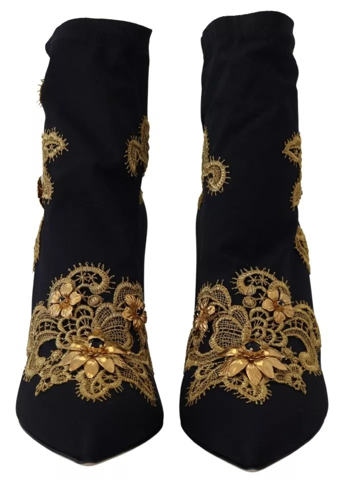 Dolce & Gabbana Black Gold Embroidery Slip On Boots Shoes EU38.5 / US8