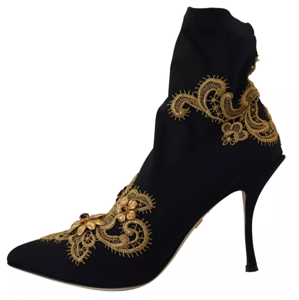 Dolce & Gabbana Black Gold Embroidery Slip On Boots Shoes EU38.5 / US8