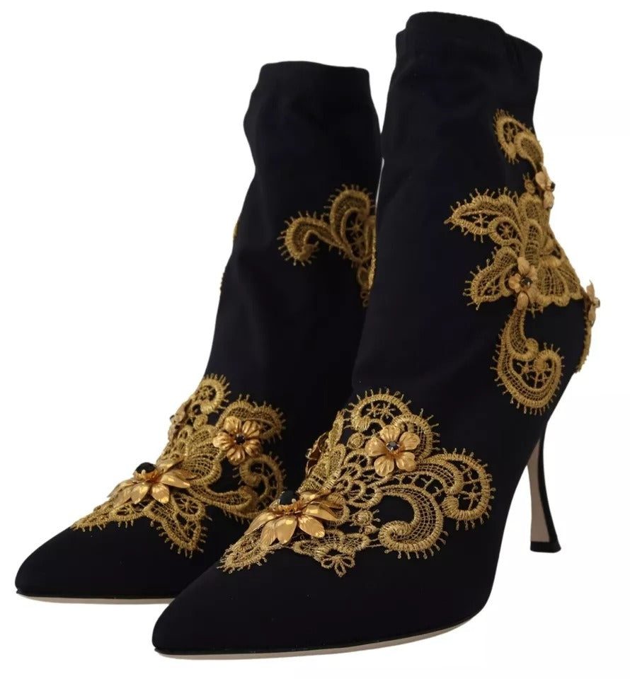 Dolce & Gabbana Black Gold Embroidery Slip On Boots Shoes EU38.5 / US8