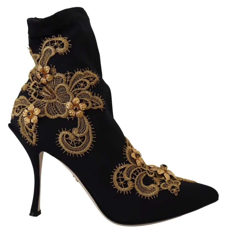 Dolce & Gabbana Black Gold Embroidery Slip On Boots Shoes EU38.5 / US8