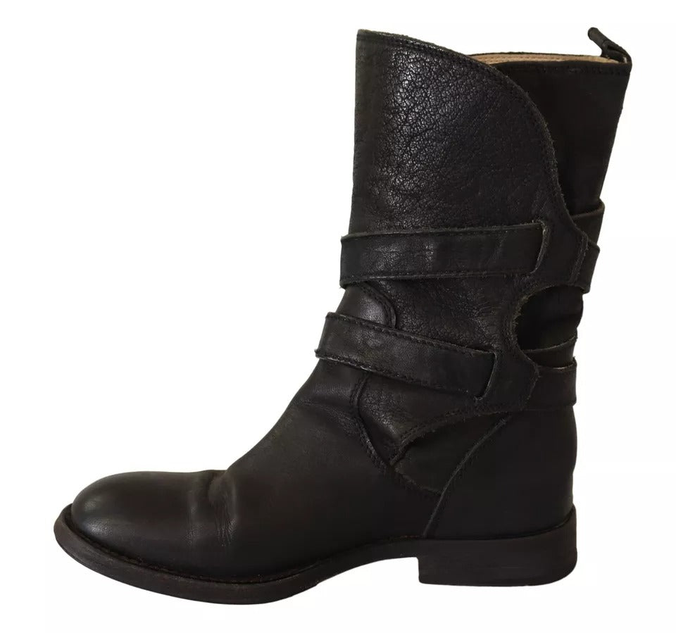 Dolce & Gabbana Black Leather Buckle Mid Calf Boots Shoes EU37.5 / US7