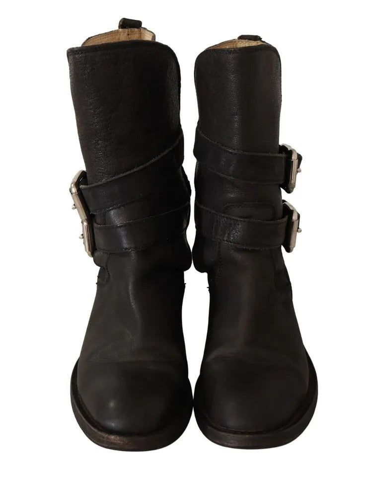 Dolce & Gabbana Black Leather Buckle Mid Calf Boots Shoes EU37.5 / US7