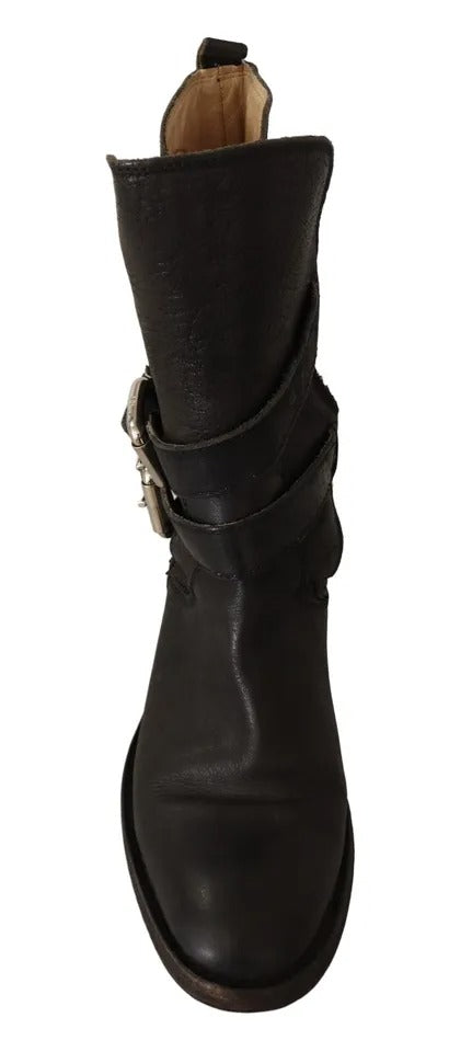 Dolce & Gabbana Black Leather Buckle Mid Calf Boots Shoes EU37.5 / US7