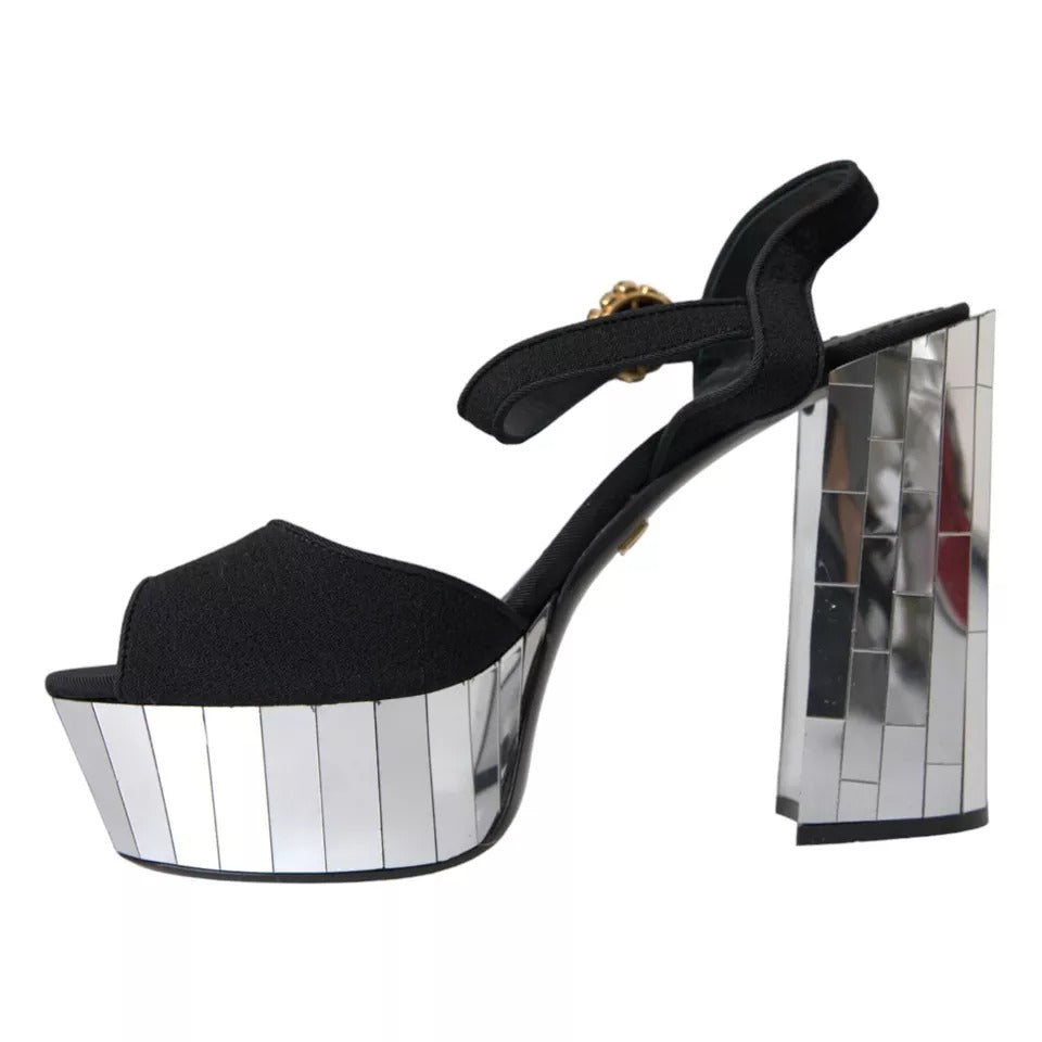 Dolce & Gabbana Black Mirror Heels Crystal Platform Sandals Shoes EU39 / US8.5