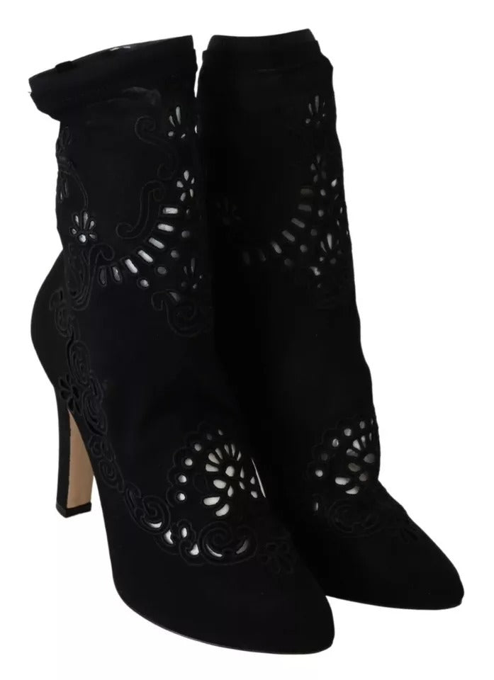 Dolce & Gabbana Black Stretch Pumps Boots Floral Lace Shoes EU37 / US6.5