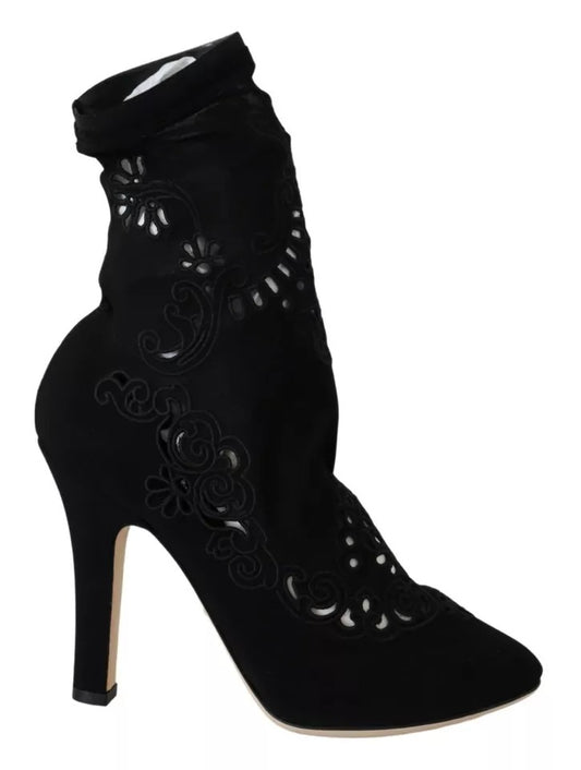 Dolce & Gabbana Black Stretch Pumps Boots Floral Lace Shoes EU37 / US6.5