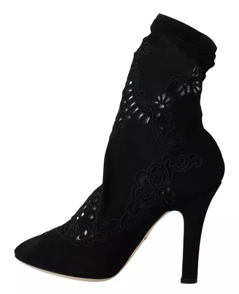 Dolce & Gabbana Black Stretch Pumps Boots Floral Lace Shoes EU37 / US6.5