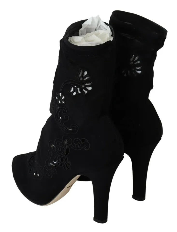 Dolce & Gabbana Black Stretch Pumps Boots Floral Lace Shoes EU38 / US7.5