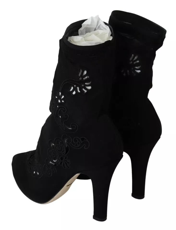 Dolce & Gabbana Black Stretch Pumps Boots Floral Lace Shoes EU39 / US8.5