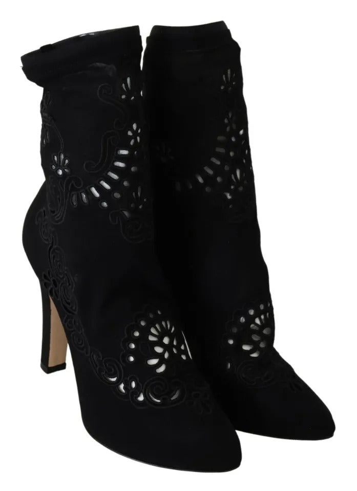 Dolce & Gabbana Black Stretch Pumps Boots Floral Lace Shoes EU39 / US8.5