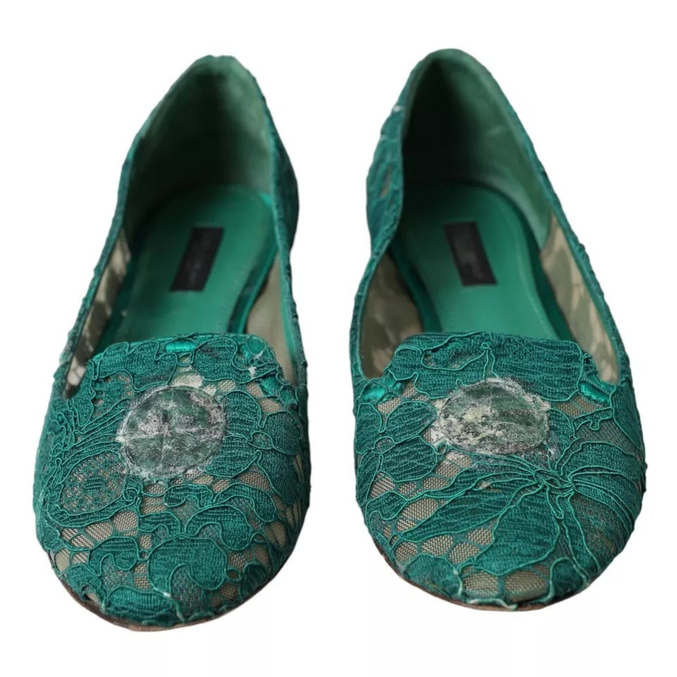 Dolce & Gabbana Green Taormina Lace Slip On Flats Shoes EU36.5 / US6