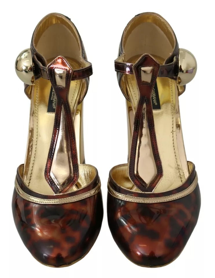 Dolce & Gabbana Gold Leopard T-strap Pumps Sandals Shoes EU41 / US10.5