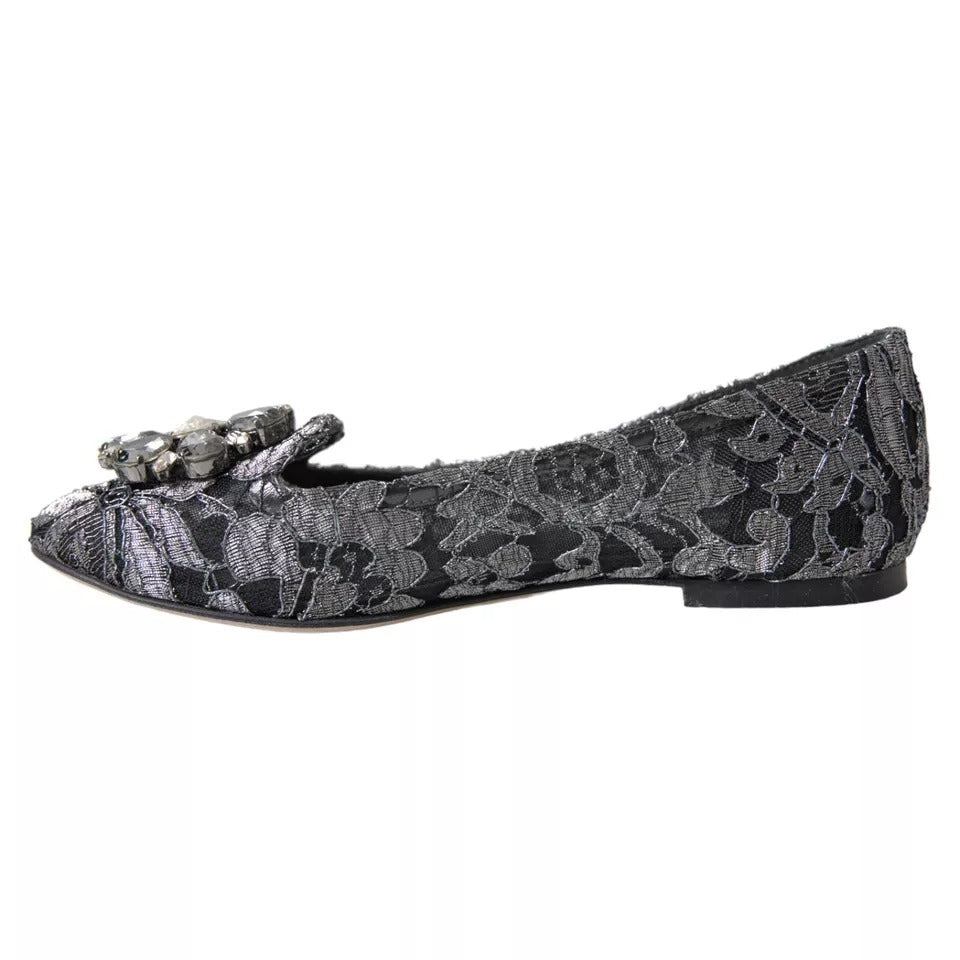 Dolce & Gabbana Gray Black Lace Crystal Ballet Loafers Shoes EU35 / US4.5