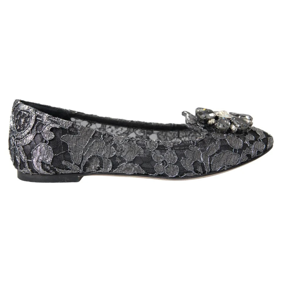 Dolce & Gabbana Gray Black Lace Crystal Ballet Loafers Shoes EU35 / US4.5