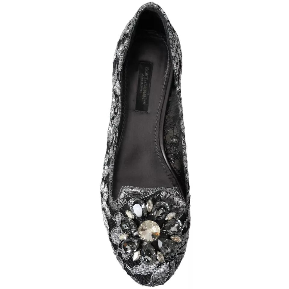 Dolce & Gabbana Gray Black Lace Crystal Ballet Loafers Shoes EU35 / US4.5