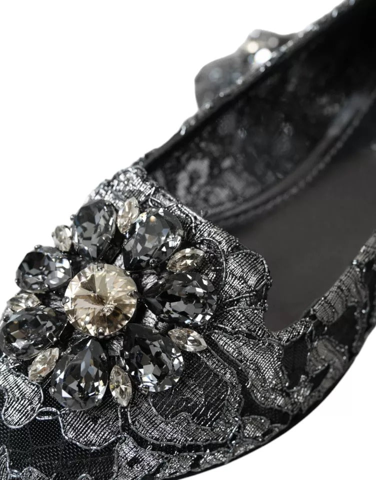 Dolce & Gabbana Gray Black Lace Crystal Ballet Loafers Shoes EU35 / US4.5