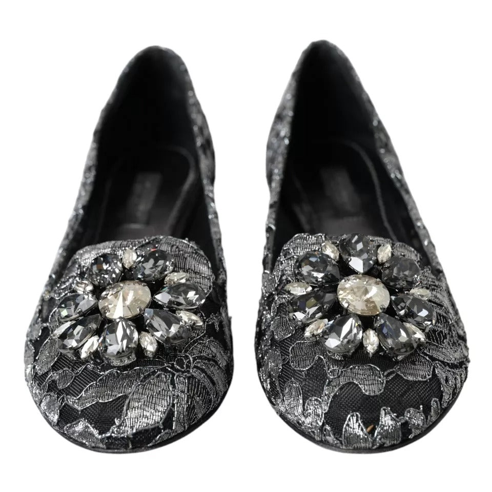 Dolce & Gabbana Gray Black Lace Crystal Ballet Loafers Shoes EU35 / US4.5