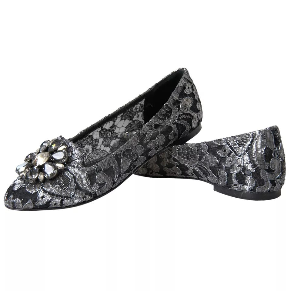 Dolce & Gabbana Gray Black Lace Crystal Ballet Loafers Shoes EU35 / US4.5