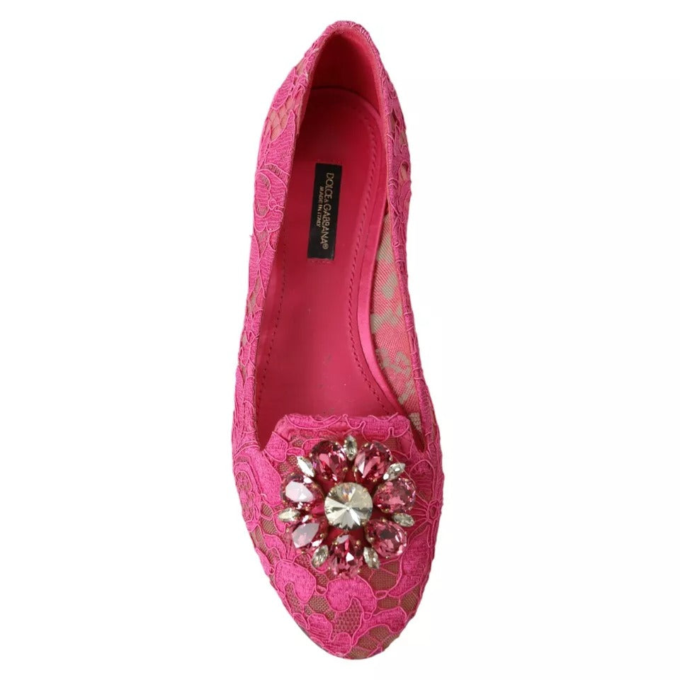 Dolce & Gabbana Pink Lace Crystal Ballet Loafers Shoes EU37 / US6.5