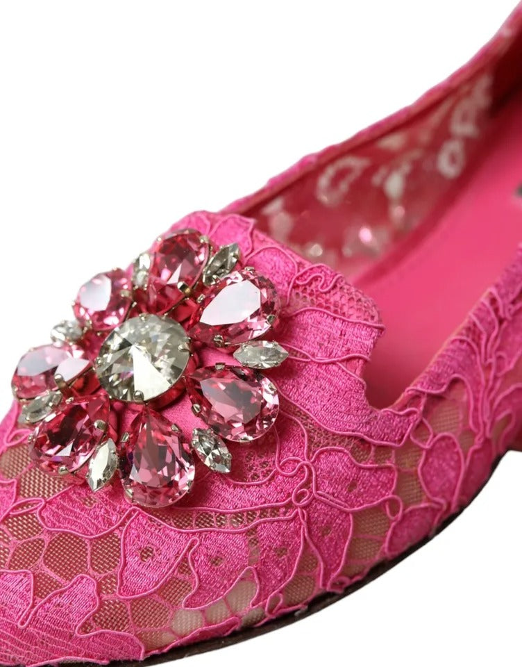 Dolce & Gabbana Pink Lace Crystal Ballet Loafers Shoes EU37 / US6.5