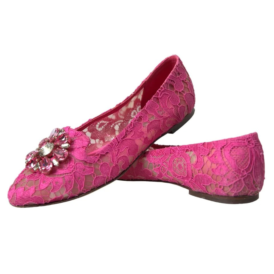 Dolce & Gabbana Pink Lace Crystal Ballet Loafers Shoes EU37 / US6.5