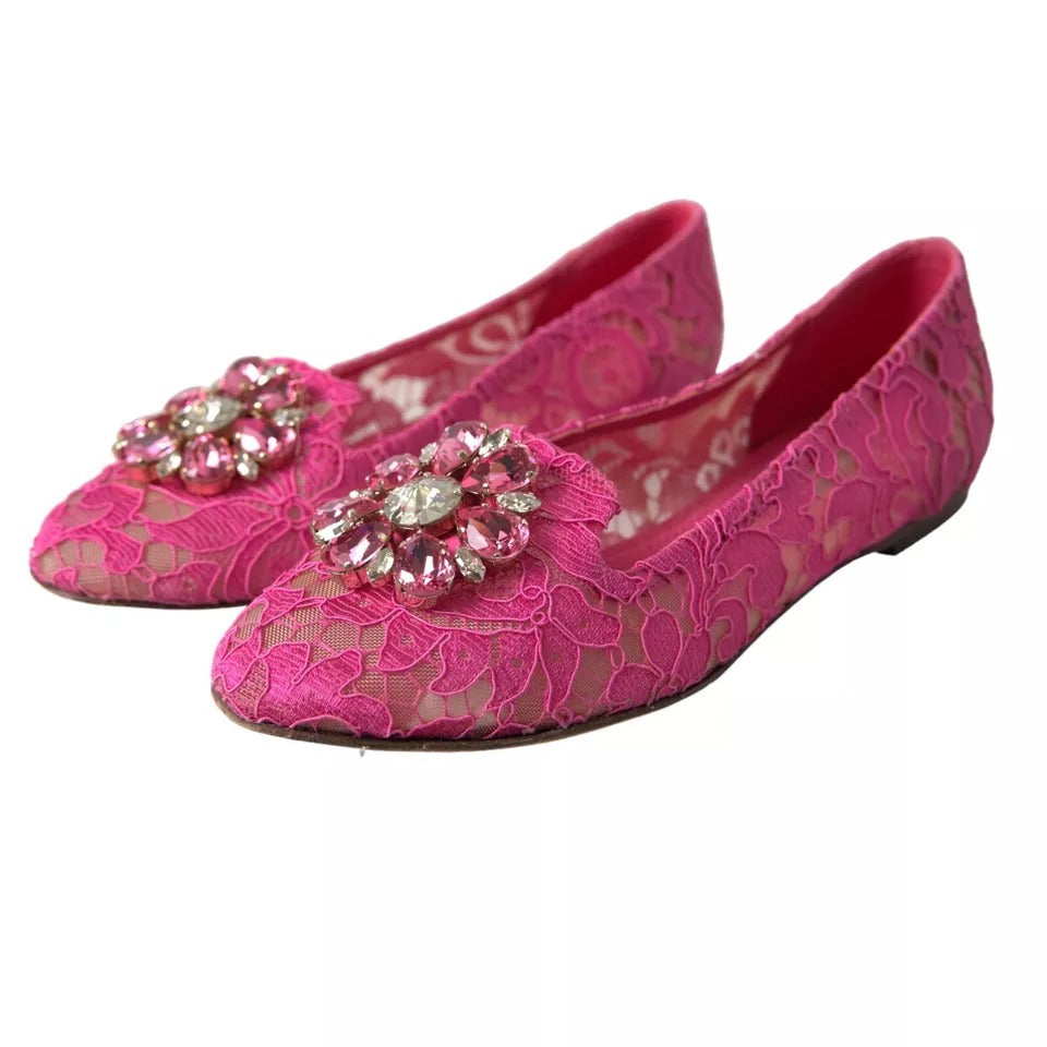 Dolce & Gabbana Pink Lace Crystal Ballet Loafers Shoes EU37 / US6.5