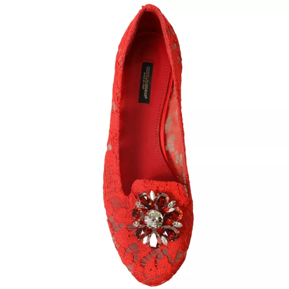 Dolce & Gabbana Red Lace Crystal Ballet Loafers Shoes EU39 / US8.5