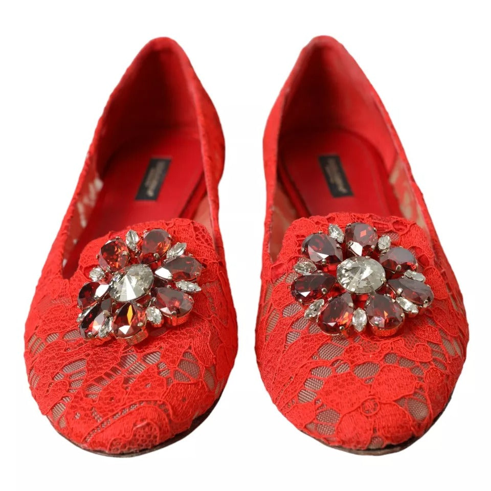 Dolce & Gabbana Red Lace Crystal Ballet Loafers Shoes EU39 / US8.5