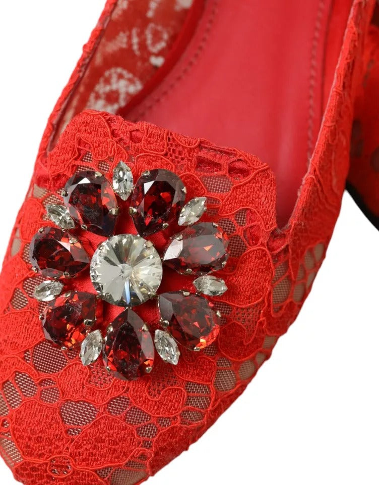 Dolce & Gabbana Red Lace Crystal Ballet Loafers Shoes EU39 / US8.5